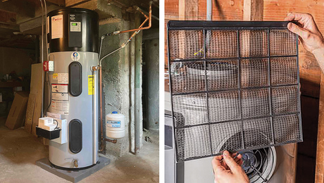 Photo of a heat-pump water heater on the left and a filter on the right.