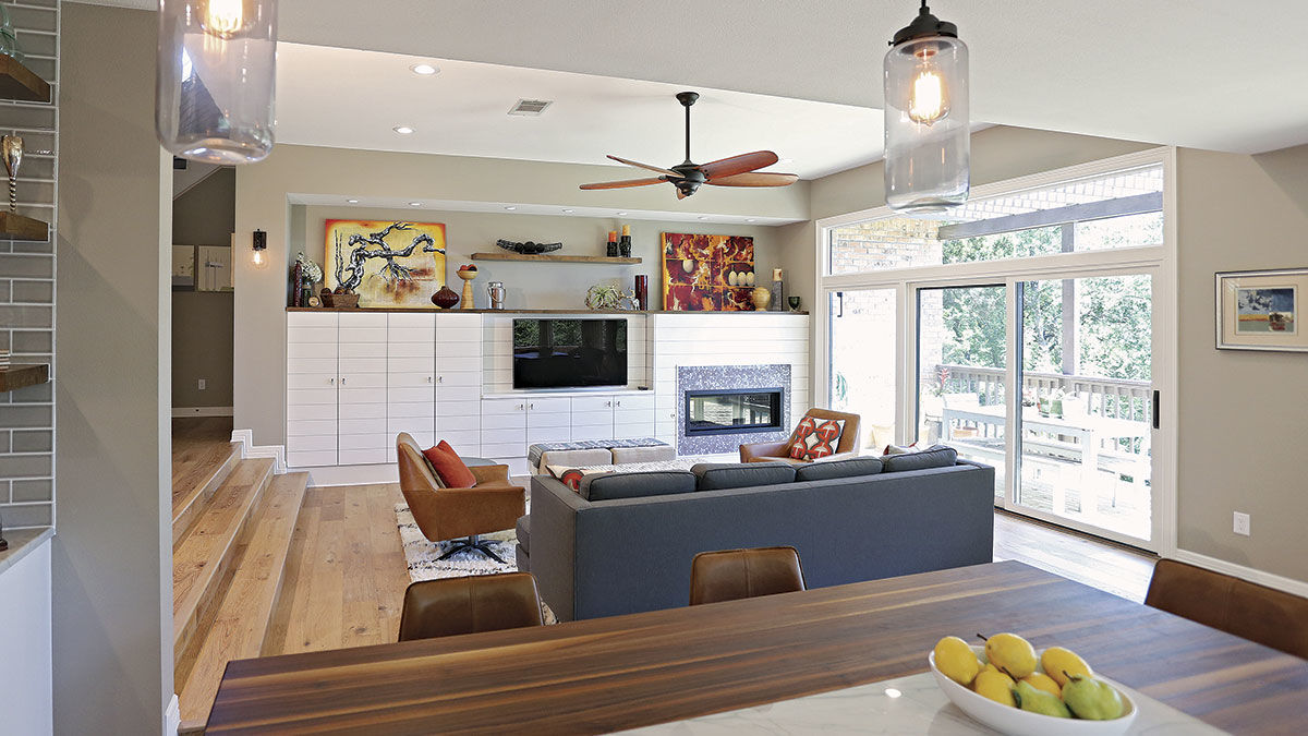 kitchen with open space leading into family room