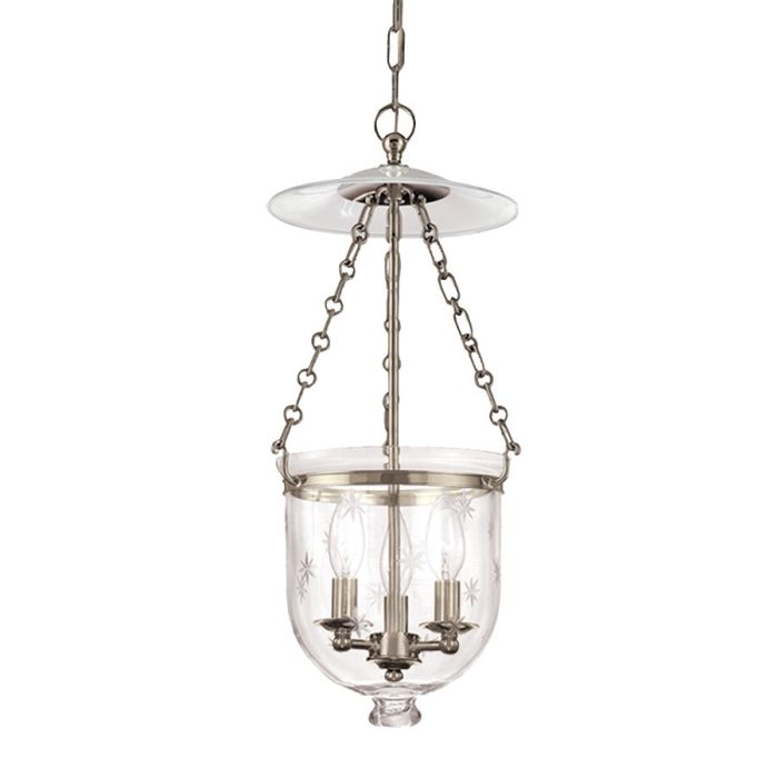 The ‘Hampton’ pendant from Hudson Valley Lighting is a classic fixture housing three lamps in a clear glass hurricane. The diameter is 10 ¼" and the height is 20 ¾". In the Historic Nickel finish, MSRP is $606; other finishes are available. hvlgroup.com.